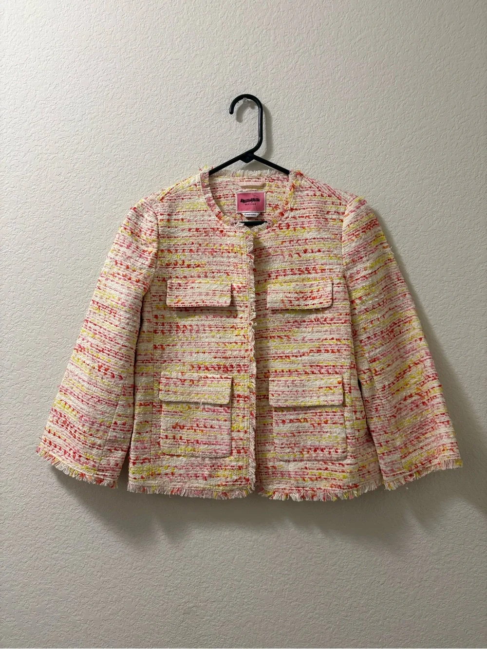 Kate Spade New York Tweed Jacket Paris Pink pockets fringed edges Size 0 NWOT